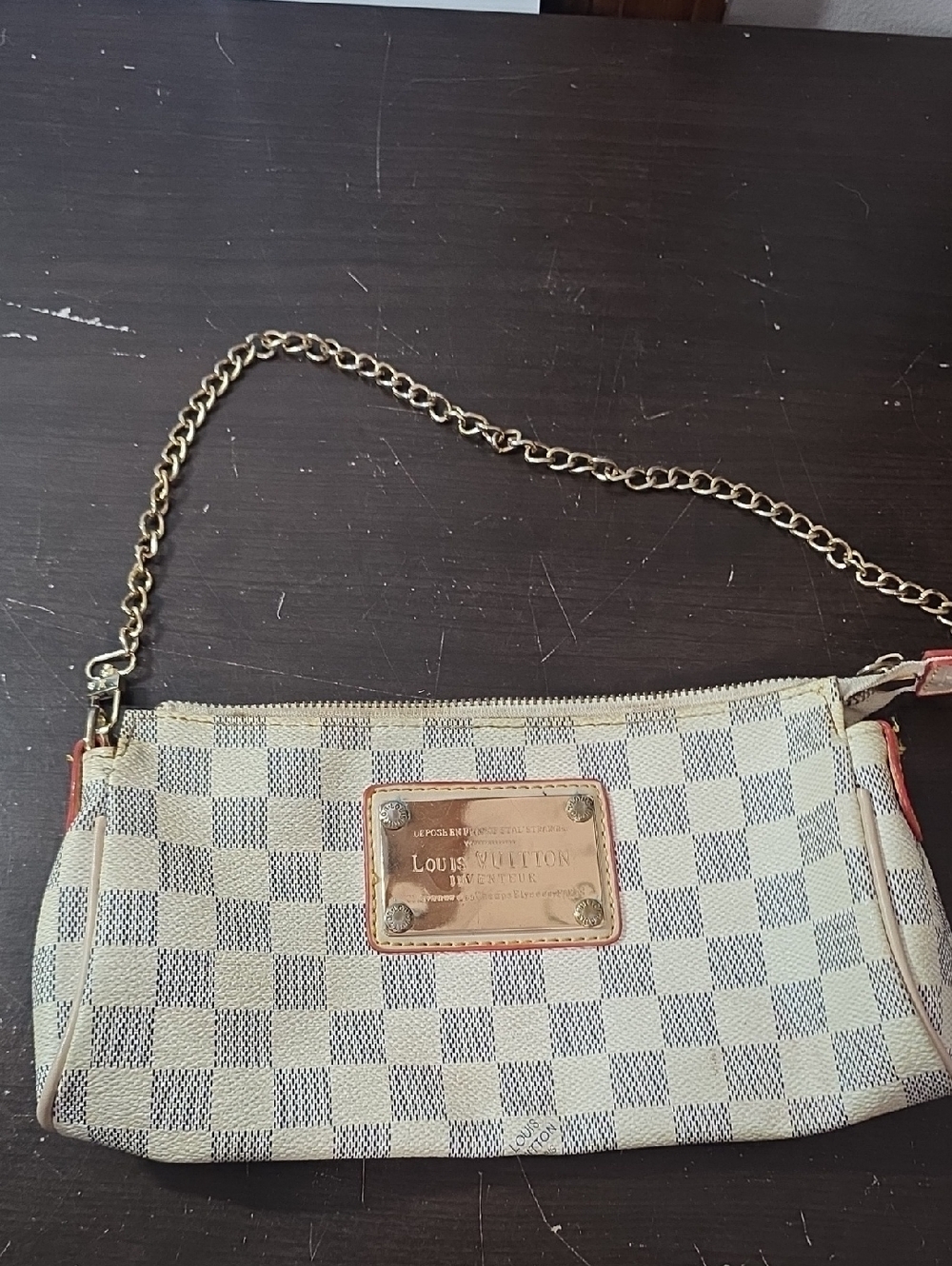 Louis Vuitton Damier Azur Check Wristlet with Gold-Tone Chain